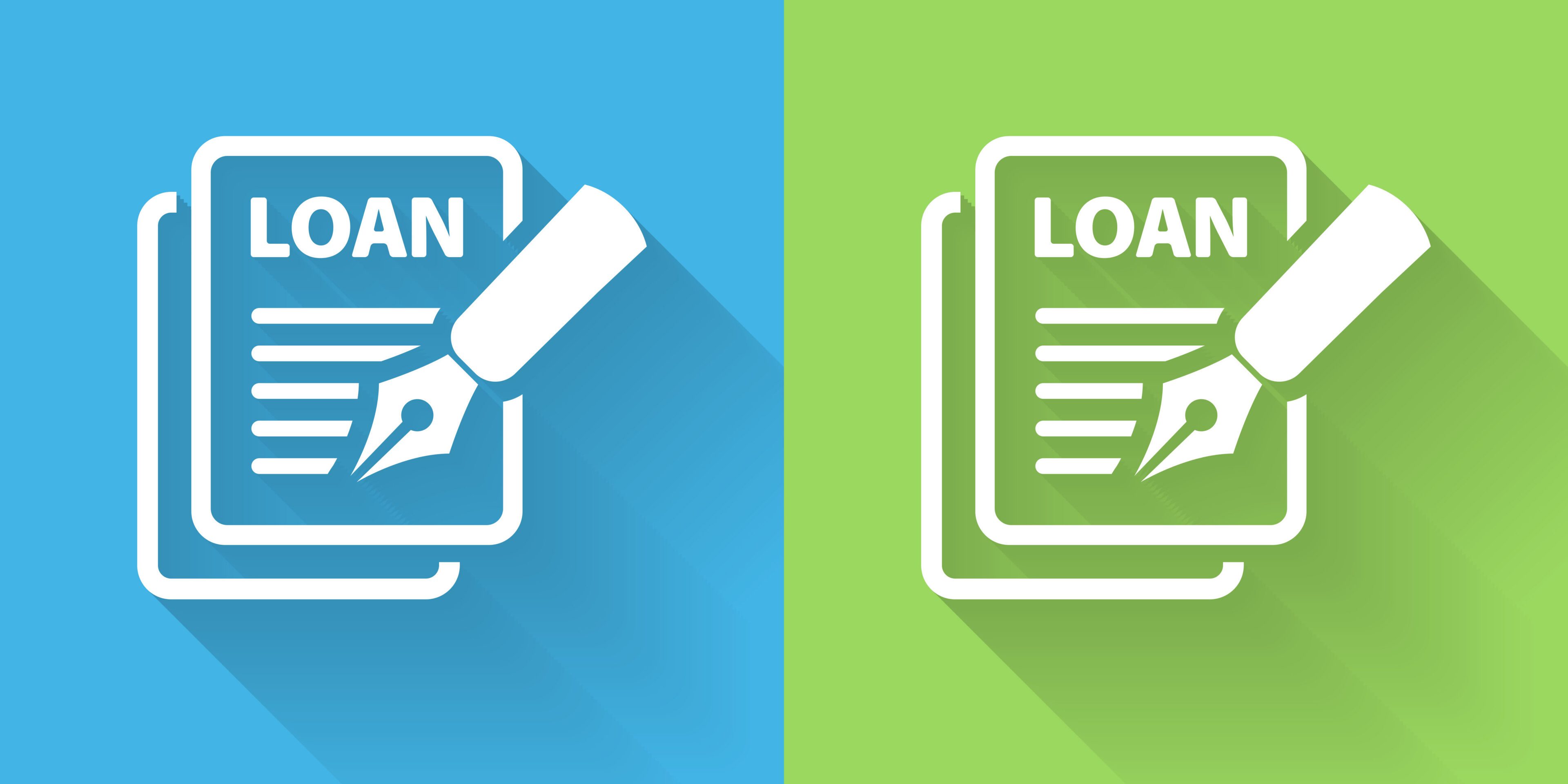 Car Loan Icon with Long Shadowon Blue Green Background with Long Shadow. There are two background color variations included in this file. The icon is rendered in white color and the background is blue or green. There is also a 45 degree long shadow.
