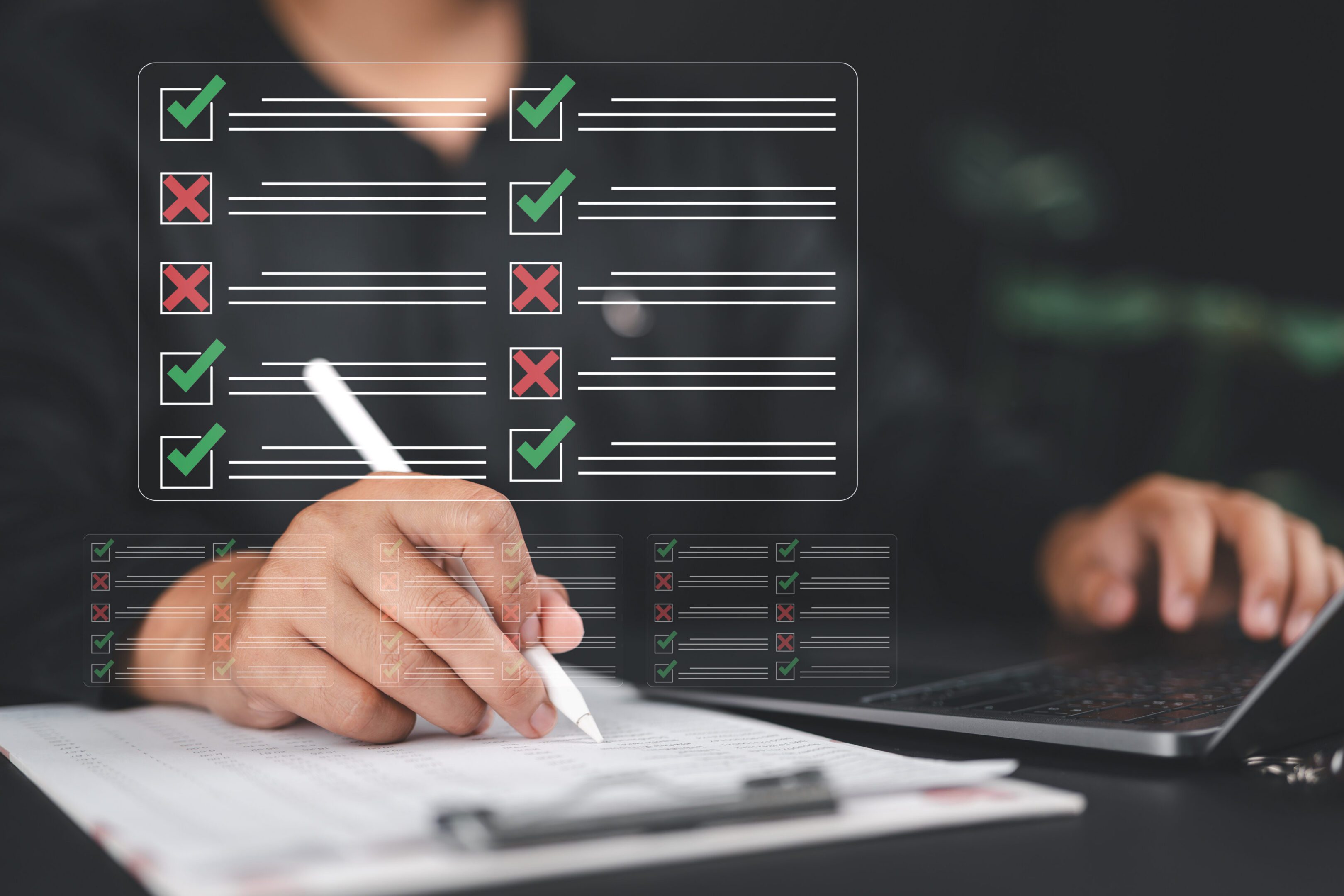 Businessman checking the steps through document with a list of checkboxes, regulation, Concepts of practices and policies,