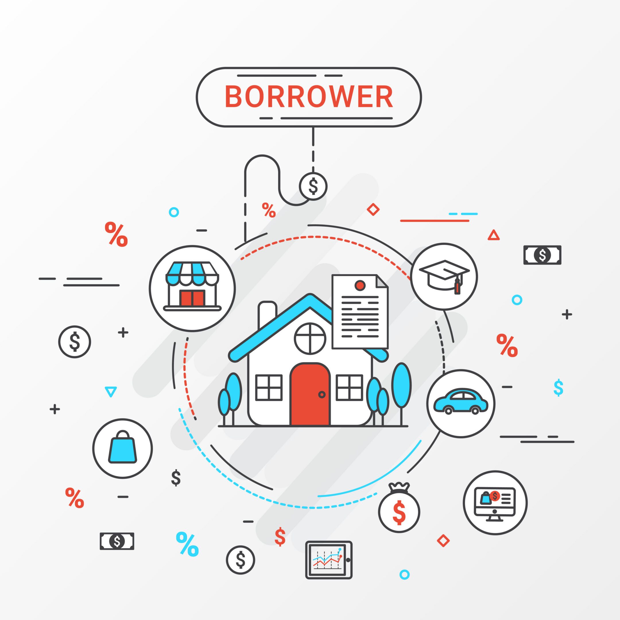 Borrower infographics design concept about borrowers and lenders. Borrow for home loan education, trading, loan shopping, commerce, and business. Flat line design create by vector.